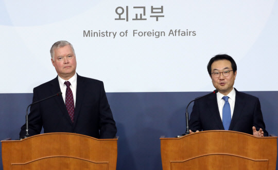 공동 기자회견 하는 한미 북핵대표      (서울=연합뉴스) 서명곤 기자 = 이도훈 외교부 한반도 평화교섭본부장이 16일 오전 서울 종로구 외교부 청사에서 미국 국무부 대북 특별대표인 스티븐 비건 국무부 부장관 지명자와 함께 약식 회견하며 발언하고 있다. 2019.12.16      seephoto@yna.co.kr  (끝)